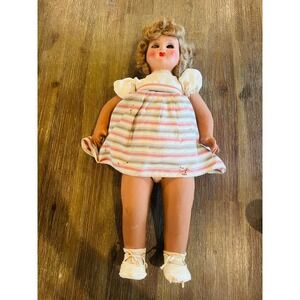 Vintage Composition Doll Striped Dress Sleep Eyes Mid-Century Collectible Toy